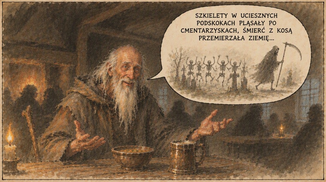 Stary dziad z długą brodą opowiada w karczmie, w dymku szkielety tańczą na cmentarzu, a Śmierć idzie z kosą