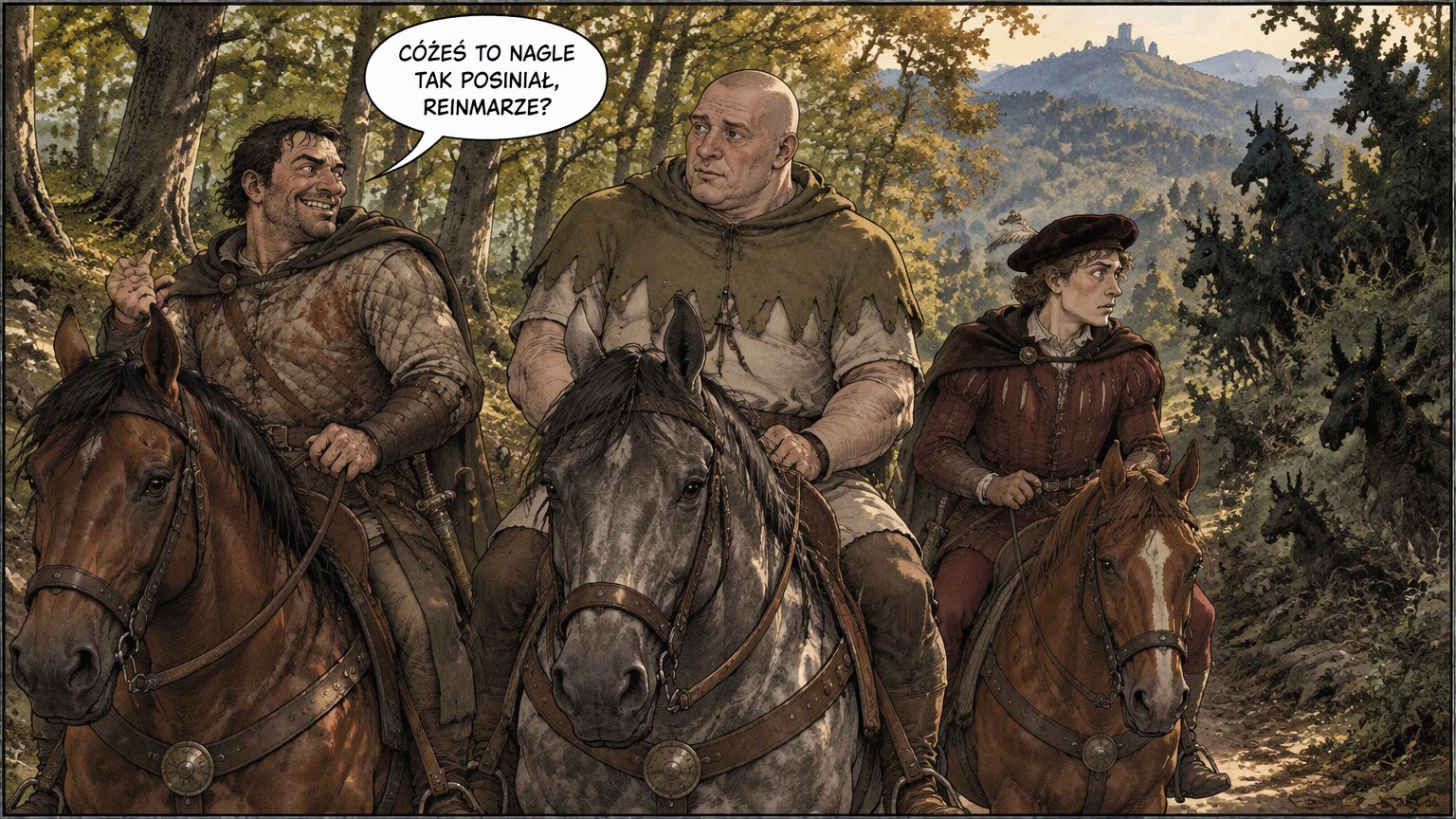Szarlej, Samson i Reynevan jadą konno przez las, pierwsza próba stylu