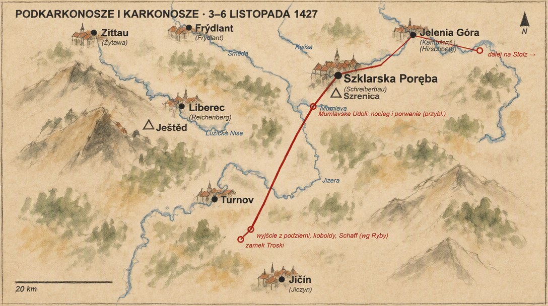 Ręcznie rysowana mapa Podkarkonosza z trasą od zamku Troski do Szklarskiej Poręby