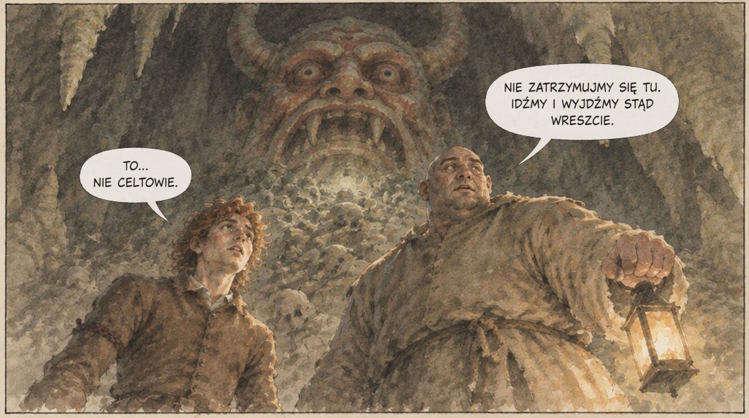 Reynevan i Samson z latarnią pod ogromną maską rogatego diabła nad stosem czaszek